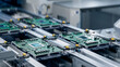 Circuit Board with Advanced Microchip on Assembly Line. Electronics Manufacturing Facility or Factory. Electronic Devices Production Industry. Fully Automated PCB Assembly Line