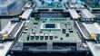 Close-up of Circuit Board with Advanced Microchip. Electronic Devices Production Industry. Fully Automated PCB Assembly Line. Electronics Manufacturing Facility or Factory