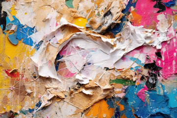 Aufkleber - A mixed media collage artwork combining torn paper, paint, and other materials, creating a visually dynamic and textured composition. Generative AI technology.