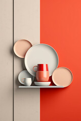 Aufkleber - A minimalistic ceramic or porcelain tableware set with clean and uncluttered forms,  Generative AI technology.