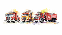 Vintage Fire Trucks Watercolor On White Background. Generative Ai