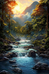 Poster - A digital art landscape painting that captures the beauty of nature with vibrant colors, intricate details, and realistic textures,  Generative AI technology.