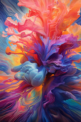 Poster - An abstract painting featuring vibrant colors and flowing brushstrokes, suggesting the energy and vitality of the brain within the palm. Generative AI technology.