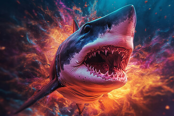 Aufkleber - A digital illustration of a Shark engulfed in flames, symbolizing destruction, chaos, or revolution.  Generative AI technology.