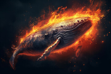 Poster - A digital illustration of a Whale engulfed in flames, symbolizing destruction, chaos, or revolution.  Generative AI technology.