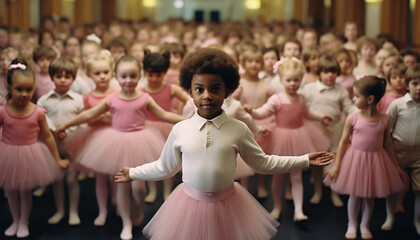 Boy wearing pink tutu skirt and having fun at ballet class with girls on the background. ballet class performance in a studio dancing and learning.