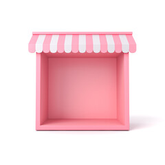 Aufkleber - Blank pink exhibition booth show or blank product display shop showcase box stand with pink white striped awning isolated on white background with shadow minimal conceptual 3D rendering