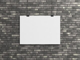 Fototapeta Tematy - Blank horizontal poster hanging with clips on a brick wall Mockup. 3D rendering