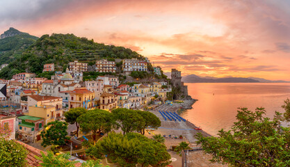 Wall Mural - Landscape with Cetara town at sunrise, Amalfi coast, Italy