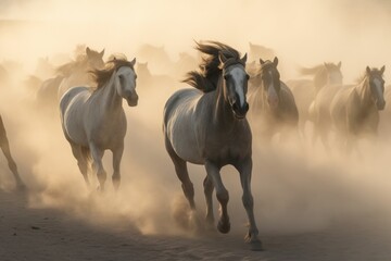 herd of wild mustang horses galloping wildly in nature