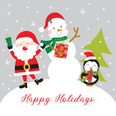 Sticker - christmas card with snowman, santa claus, penguin and christmas gifts design