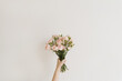 Female hand holding beautiful carnation flowers bouquet. Flat lay, top view. Elegant floral composition