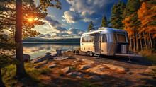 Rv Camper Trailer At Lake By The Shore. Ai Generative