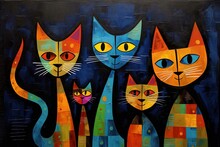 Whimsical Cat Family Generative AI Illustration