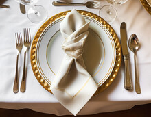 Elegant Dinner Table Setting Arrangement In English Country Style As Flatlay Tablescape, Folded Napkin On A Serving Plate, Tableware And Holiday Table Decor, Generative Ai