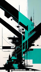 Wall Mural - Grungy industrial art style business cover template with an abstract crossing diagonals design. Teal, black and white colors with speed sketch effect.