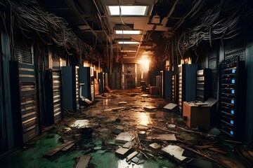 Canvas Print - An image depicting a server room under maintenance, the floor strewn with various tools and spare parts, emphasizing the behind-the-scenes work that keeps