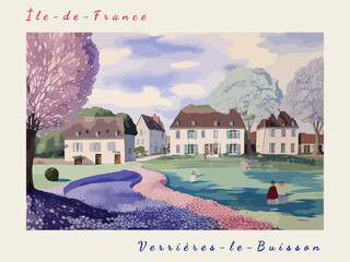 Verrières-le-Buisson: Postcard design with a scene in France and the city name Verrières-le-Buisson