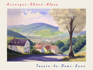 Tassin-la-Demi-Lune: Postcard design with a scene in France and the city name Tassin-la-Demi-Lune