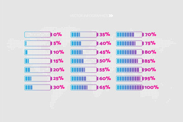 Wall Mural - 5 10 15 20 25 30 35 40 45 50 55 60 65 70 75 80 85 90 percent chart. Vector percentage set for download, infographic, progress, business, finance, report, battery charge, web design