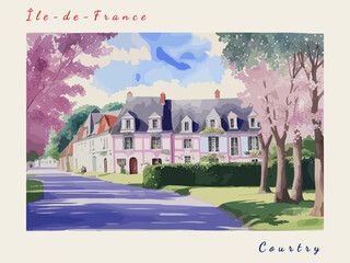 Courtry: Postcard design with a scene in France and the city name Courtry