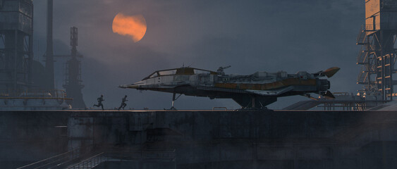 Wall Mural - futuristic spaceship parked in a sci-fi airdock and pilots running to take place for the take-off no