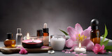 Fototapeta Kwiaty - Beautiful spa composition on dark background. Natural skincare cosmetic products. AI generated