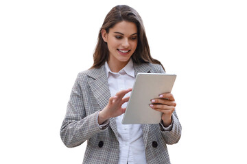Young smiling businesswoman working on digital tablet on a transparent background