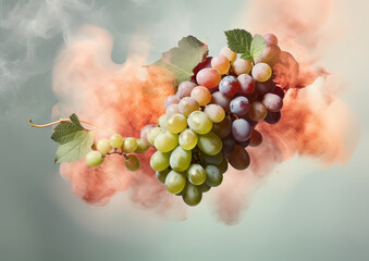 Wall Mural - Red and white grapes floating in the air surrounded by orange smoke on a grey background. Generative AI