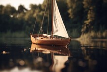 Wooden Model Of A Sailboat On The Lake. Generative AI