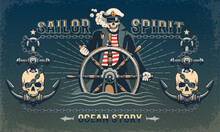 Maritime Pirate Retro Poster With A Skull Captain At The Helm And Anchors. Pirate Vintage Poster With A Grunge Effect. Vector Illustration With A Distressed Effect.