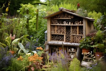 Sticker - A photo of an insect hotel in a permaculture garden, promoting biodiversity and natural pest control.