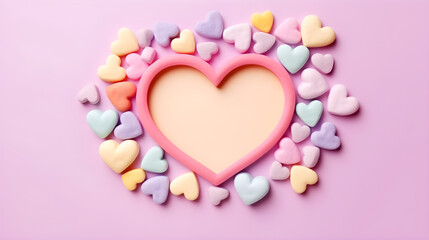 Wall Mural - pink heart shaped candy on pink background created with Generative AI