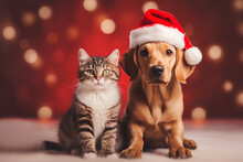 Christmas Cat And Dog. Ai Generated