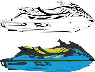 Vector, line art and color image of jet motor boat on a white background