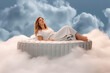 © VisualProduction - Young beautiful woman laying on white mattress surrounded by clouds, heavenly comfort. Generative AI