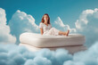 © VisualProduction - Young beautiful woman laying on white mattress surrounded by clouds, heavenly comfort. Generative AI