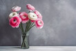 © VisualProduction - Bouquet of beautiful pink and white flowers in vase on the table with grey wall in the background. Generative AI