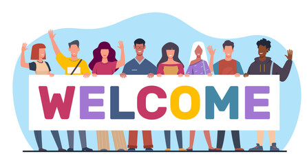 Group of diverse young men wave their hands in welcoming gesture. Happy persons hold greeting banner. Students team together. Invite poster. Cartoon flat style isolated vector concept
