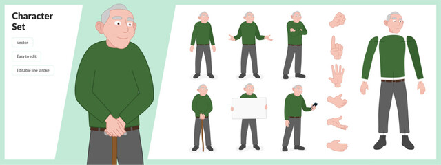Wall Mural - Illustration of old man, wearing casual clothing in a set of multiple poses. Easy to edit with editable line strokes and isolated on white background. Suitable for animation.