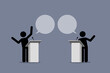 Two speaker debate and argue on a podium. Vector illustration depicts concept of argument, political point of view, disagreement, discussion, different opinions, and presentation.