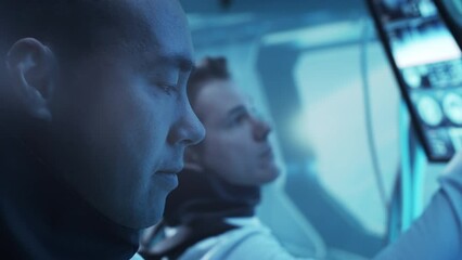 Wall Mural - Team of astronauts in a space suits aboard the orbital station. A crew of cosmonauts piloting the spaceship in space. Galactic travel and science.