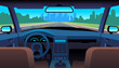 © YummyBuum - View of car inside with steering wheel, automobile dashboard, steering wheel and speedometer, freeway in windshield. Vehicle interior back view cartoon flat style isolated vector concept