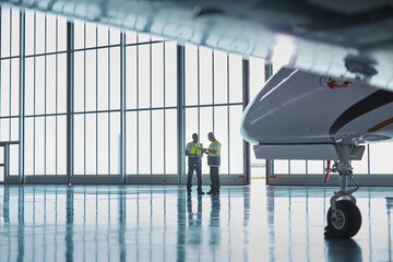 Air traffic control ground crew workers talking in airplane hangar