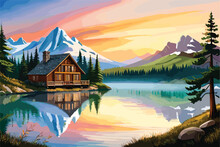 Landscape Of Mountain Lake Cabin Amidst Lush Forest And Majestic Peaks. Nature Scene