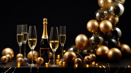 Wall Mural - Popping champagne bottles, golden bubbles, and cascading champagne glasses, capturing the spirit of celebration and luxury for a captivating Christmas design. Generative AI