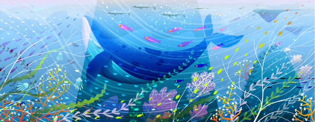 underwater scenery whale corals and fishes drawing. ocean and sea marine life, deep blue diving conc