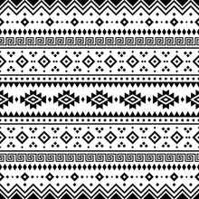 Aztec Tribal Geometric Vector Background In Black And White. Seamless Stripe Pattern. Traditional Ornament Ethnic Style. Design For Textile, Fabric, Clothing, Curtain, Rug, Ornament, Wrapping.