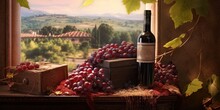 Red Wine Bottle On Wooden Table: Vintage Alcoholic Drink For Celebration And Collection Blur Background