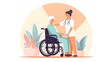 © Vladislava - Nursing home, nurse and old person in wheelchair. Community pensioners, retirement house or hospital public area. Cartoon recent vector scene, pastel colors, minimalistic, AI Generated